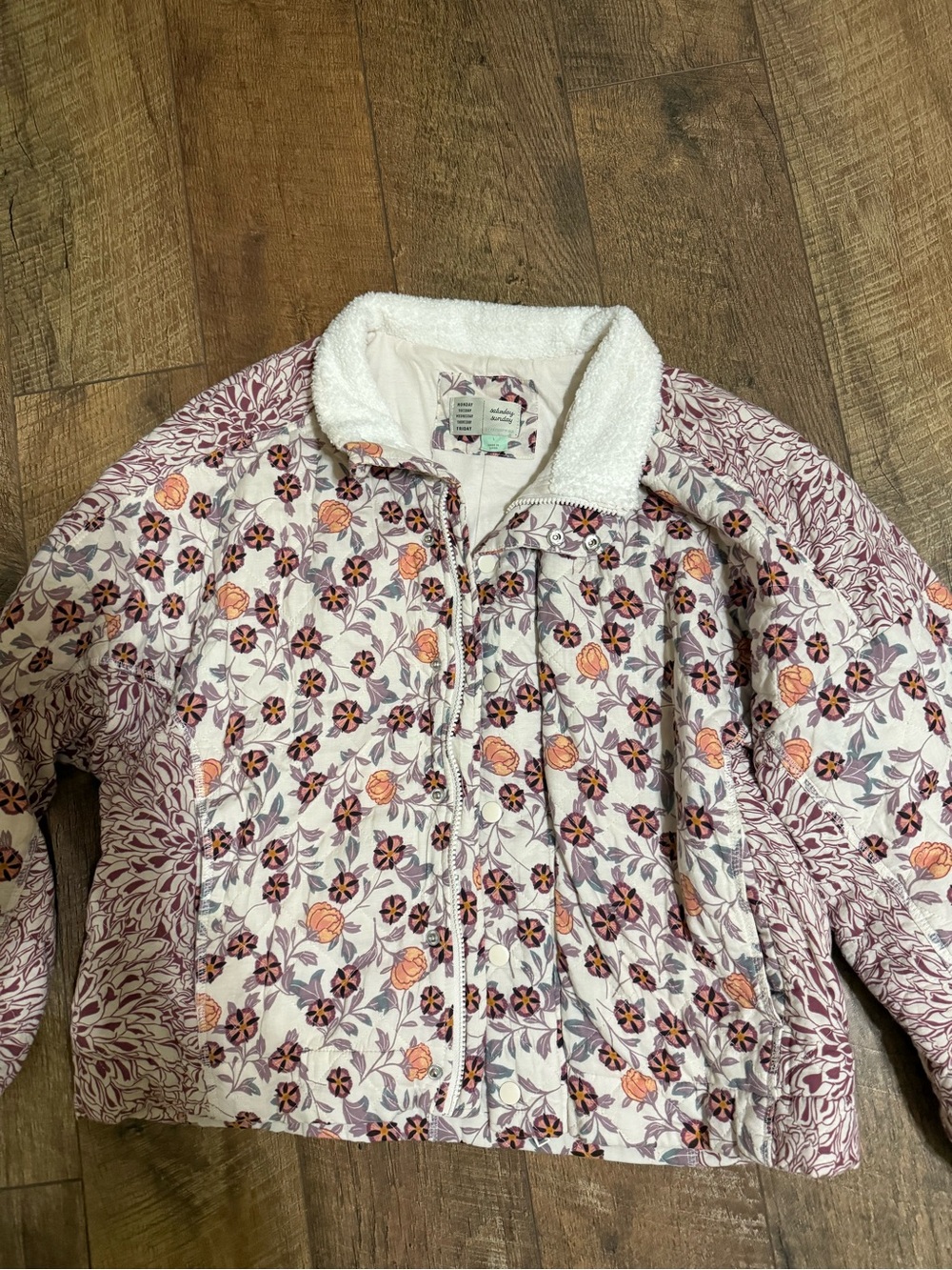 Free People Quilted Floral Bomber Jacket - White, Pink, Peach with fur collar - Picture 1 of 2